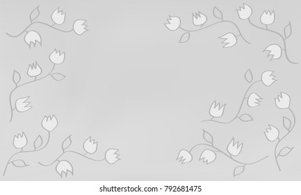 Many White Flowers with Leaves and Stems on Light Grey Gradient Background