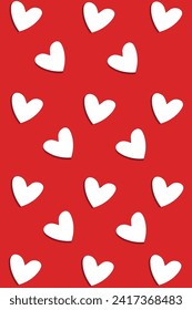 Many white hearts on red background. Pattern for design