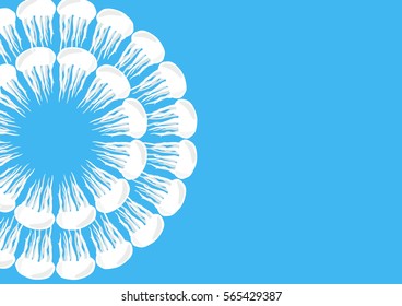 Many white jellyfish round on blue sea background.