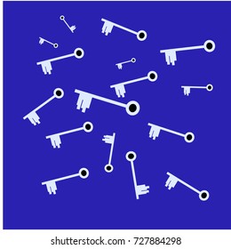 Many White Keys of Different Size on Blue Background