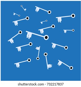 Many White Keys of Different Size on Blue Background