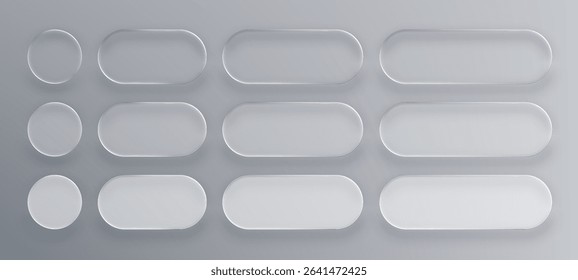 Many white liquid glass vector buttons in different shapes. UI interface element with blur effect. Modern web design. 
