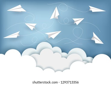Many white paper planes fly on the sky while flying above a cloud. creative idea. illustration cartoon vector