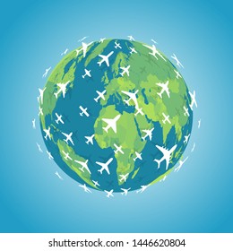 Many white planes flying in one direction around earth. Intercontinental flight of planes icon. Around the world trip emblem. Aviation navigation vector illustration.