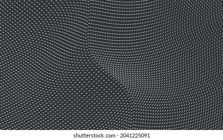 Many white triangles scattered asymmetrically in black background. Wavy pattern with dynamic effect. Cover design template. Vector illustration with optical illusion. 