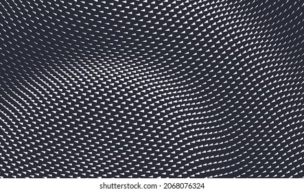 Viele weiße Dreiecke verstreut auf schwarzem Hintergrund. Wavy Muster mit dynamischem Effekt. Design-Vorlage abdecken. Vektorgrafik mit optischer Illusion. 