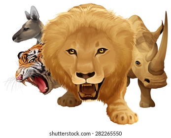 Many wild animals living together