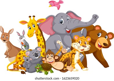 Many wild animals on white background illustration