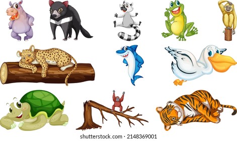 Many wild animals on white background illustration