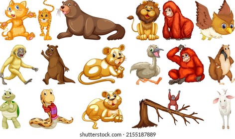 Many wild animals on white background illustration