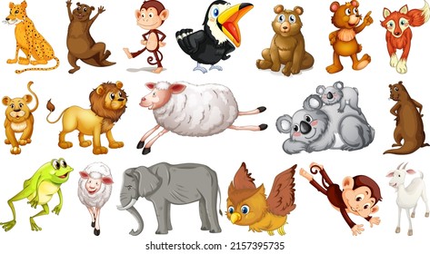 Many wild animals on white background illustration