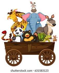 Many wild animals on wooden wagon illustration