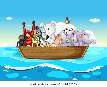 Many wild animals sailing at sea illustration