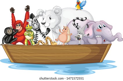 Many wild animals in small boat illustration
