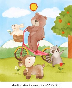 Many wildlife animals in garden . Bear ride bicycle and rabbit on basket . Raccoon and deer are walking on grass . Realistic watercolor paint design . Cartoon character . Vector .