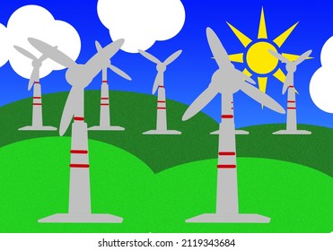 Many wind turbines in a landscape.