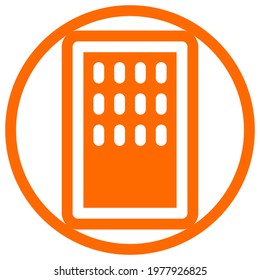 Many windows building icon in flat design with orange color and outline on a line circle background.