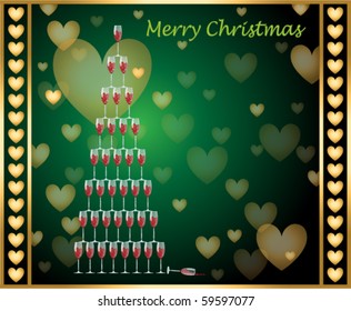Many wine glasses of red wine in a triangle decoration on christmas party