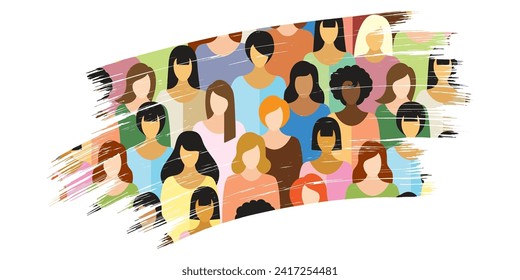 many women of different nationalities make up an abstract background in grunge style. multicolored vector illustration in flat style. EPS 10.
