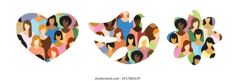 many women of different nationalities make up an abstract background for simple symbols of love and life. vector illustration in flat style. EPS 10.