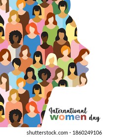 many women of different nationalities and skin colors form a female profile on a white background. the inscription international women's day. postcard for the holiday. stock vector illustration. EPS