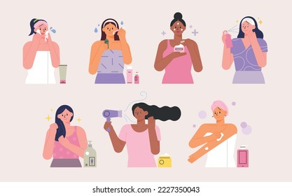 Many women do skin and body care. They are applying cream on their face and body and washing with cleanser.