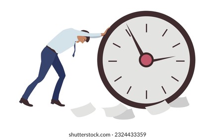 Too many working hours. Man tries to move giant clock. Bad time management. Male vector character feeling stressed and pressured by lack of time. Overwork at office