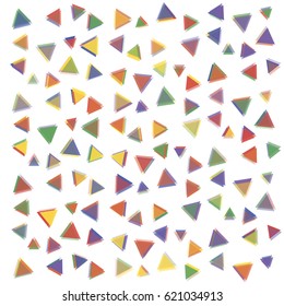 Many Yellow, Blue, Violet, Red and Orange Triangles on White Background