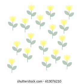 Many Yellow Flowers with Green Leaves and Stem on White Background