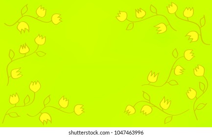 Many Yellow Flowers with Leaves and Stems on Yellow, Orange and Green Gradient Background