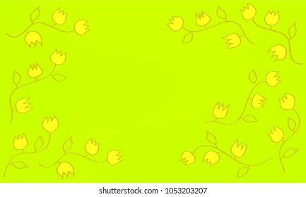 Many Yellow Flowers with Leaves and Stems on Yellow, Orange and Green Gradient Background