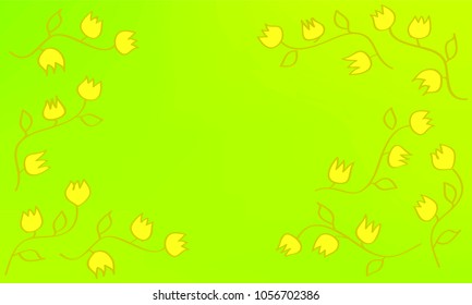 Many Yellow Flowers with Leaves and Stems on Yellow, Orange and Green Gradient Background