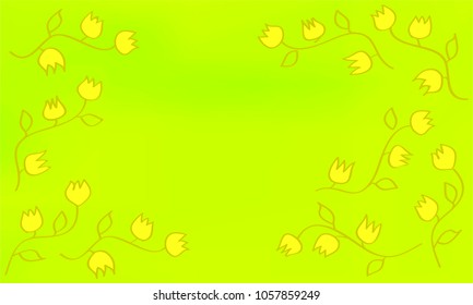 Many Yellow Flowers with Leaves and Stems on Yellow, Orange and Green Gradient Background