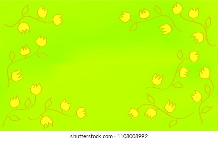 Many Yellow Flowers with Leaves and Stems on Yellow, Orange and Green Gradient Background