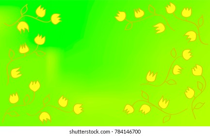 Many Yellow Flowers with Leaves and Stems with Empty Space in the Center of the Image on Green and Yellow Gradient Background