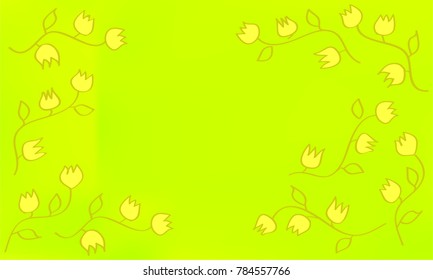 Many Yellow Flowers with Stems and Leaves on Green Gradient Background
