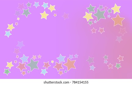 Many Yellow, Orange, Green and Blue Stars of Different Opacity and Size with Big Empty Space in the Center of the Image on Pink Background