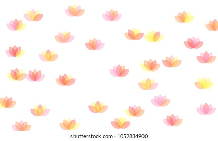 Many Yellow, Pink and Red Lotuses of Different Opacity on White Background