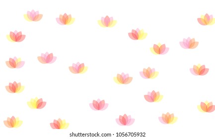 Many Yellow, Pink and Red Lotuses of Different Opacity on White Background