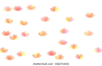 Many Yellow, Pink and Red Lotuses of Different Opacity on White Background