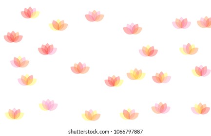 Many Yellow, Pink and Red Lotuses of Different Opacity on White Background