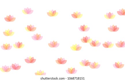 Many Yellow, Pink and Red Lotuses of Different Opacity on White Background