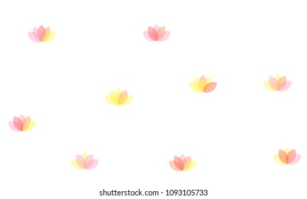 Many Yellow, Pink and Red Lotuses of Different Opacity on White Background