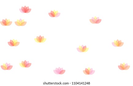 Many Yellow, Pink and Red Lotuses of Different Opacity on White Background