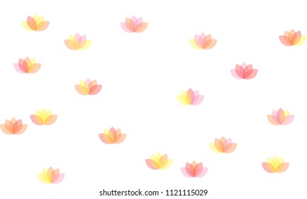 Many Yellow, Pink and Red Lotuses of Different Opacity on White Background