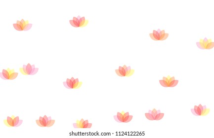 Many Yellow, Pink and Red Lotuses of Different Opacity on White Background