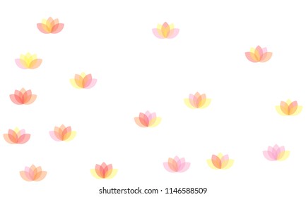 Many Yellow, Pink and Red Lotuses of Different Opacity on White Background