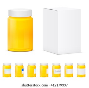 Many yellow plastic medicine bottles. Realistic vector illustration