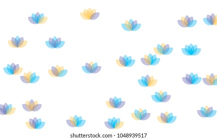 Many Yellow, Violet and Blue Lotuses of Different Opacity on White Background