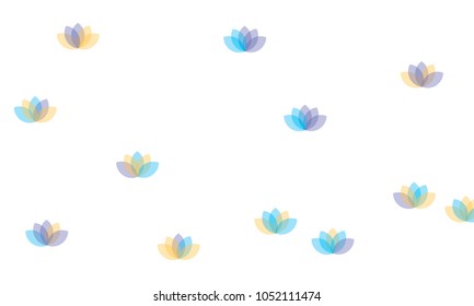 Many Yellow, Violet and Blue Lotuses of Different Opacity on White Background